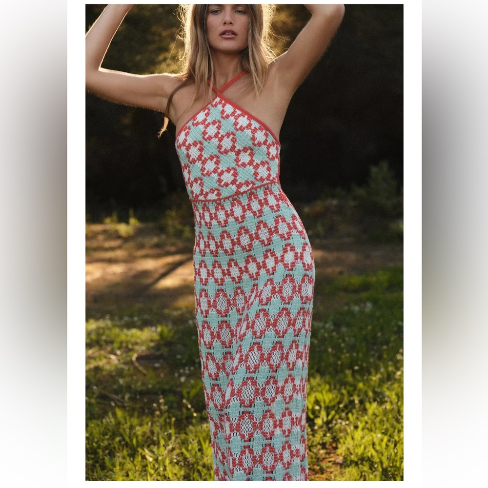 Zara Red and White Geometric Halter Dress